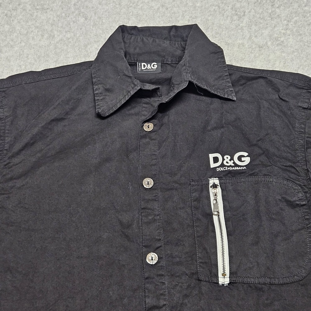 Dolce & Gabbana Button Up Cotton Shirt Front Pocket Logo Black Mens L Italy - Picture 3 of 11